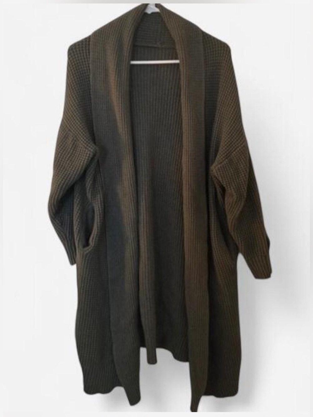 Dark Green Open-Front Waffle Knit Women’s Cardigan